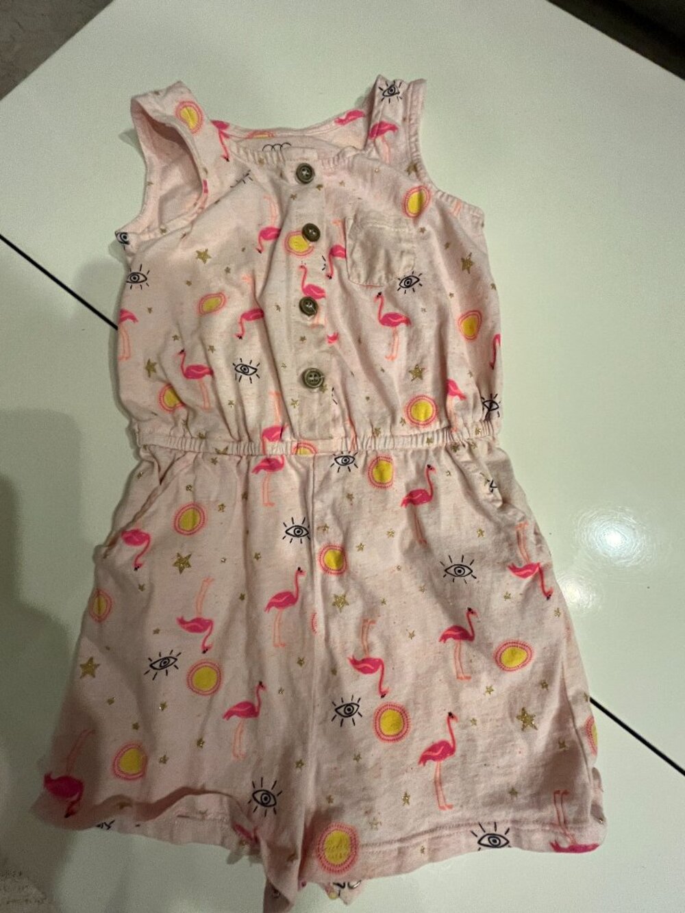 Pink Flamingo Romper by Egg Baby Size 2T Sleeveless Button Front / Cotton